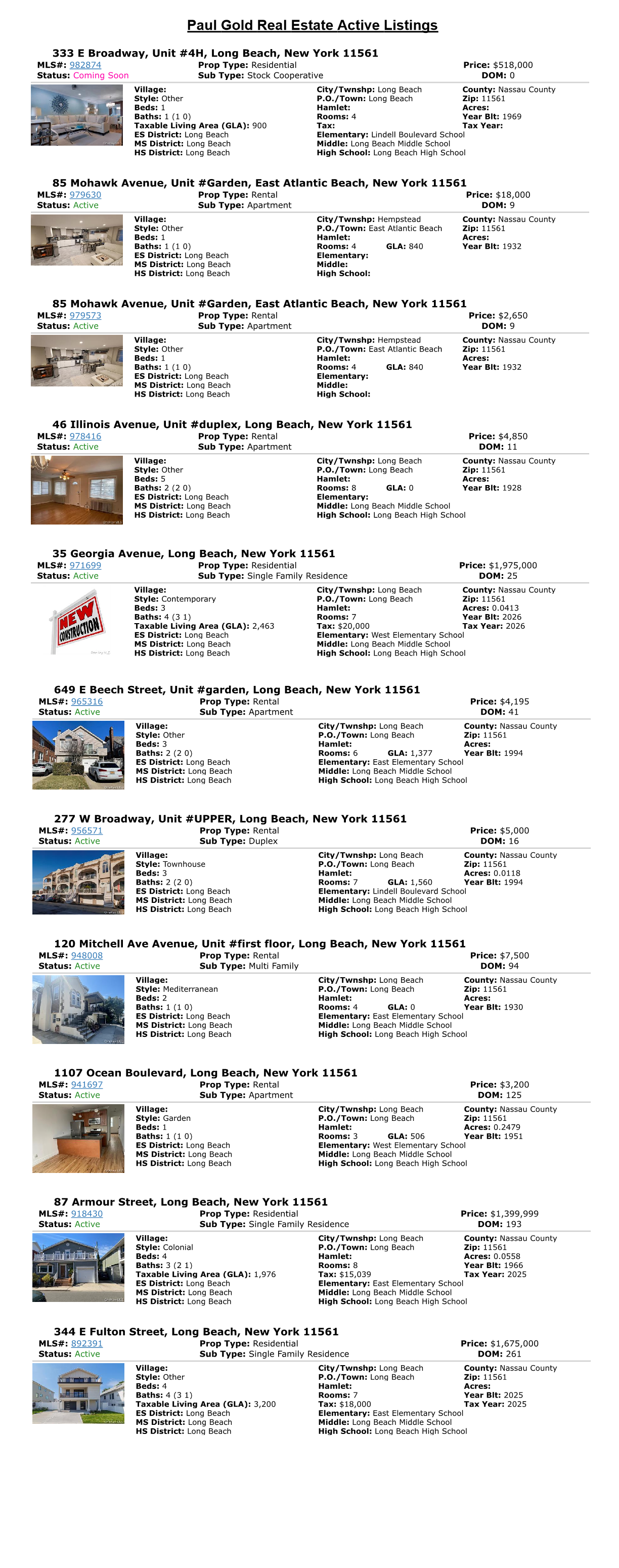 
    MLS #     Address	Price     Town
	982874	$518,000	333 E Broadway Unit#4H	Long Beach
	979630	$18,000	85 Mohawk Avenue Unit#Garden	East Atlantic Beach
	979573	$2,650	85 Mohawk Avenue Unit#Garden	East Atlantic Beach
	978416	$4,850	46 Illinois Avenue Unit#duplex	Long Beach
	971699	$1,975,000	35 Georgia Avenue	Long Beach
	965316	$4,195	649 E Beech Street Unit#garden	Long Beach
	956571	$5,000	277 W Broadway Unit#UPPER	Long Beach
	948008	$7,500	120 Mitchell Ave Avenue Unit#first floor	Long Beach
	941697	$3,200	1107 Ocean Boulevard	Long Beach
	918430	$1,399,999	87 Armour Street	Long Beach
	892391	$1,675,000	344 E Fulton Street	Long Beach
        