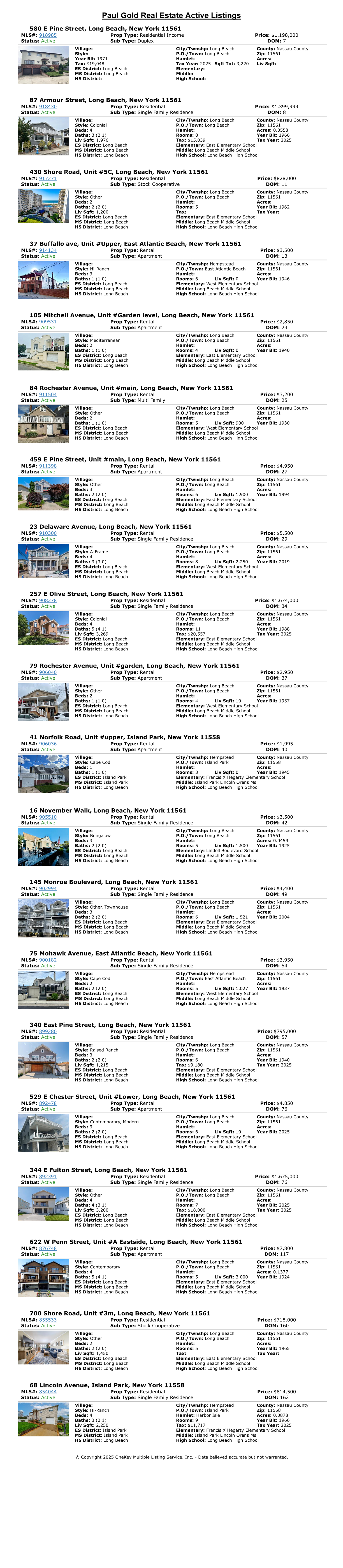 
MLS #	Price	Address
	918985	$1,198,000	580 E Pine Street
	918430	$1,399,999	87 Armour Street
	917271	$828,000	430 Shore Road Unit#5C
	914134	$3,500	37 Buffallo ave Unit#Upper
	909531	$2,850	105 Mitchell Avenue Unit#Garden level
	911504	$3,200	84 Rochester Avenue Unit#main
	911398	$4,950	459 E Pine Street Unit#main
	910300	$5,500	23 Delaware Avenue
	908278	$1,674,000	257 E Olive Street
	906040	$2,950	79 Rochester Avenue Unit#garden
	906036	$1,995	41 Norfolk Road Unit#upper
	905510	$3,500	16 November Walk
	902994	$4,400	145 Monroe Boulevard
	900182	$3,950	75 Mohawk Avenue
	899280	$795,000	340 East Pine Street
	892478	$4,850	529 E Chester Street Unit#Lower
	892391	$1,675,000	344 E Fulton Street
	876748	$7,800	622 W Penn Street Unit#A Eastside
	855533	$718,000	700 Shore Road Unit#3m
	854044	$814,500	68 Lincoln Avenue
        